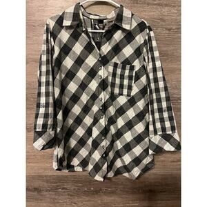 SHARON YOUNG plaid Blouse Black White shirt women Button Down Checkered Country